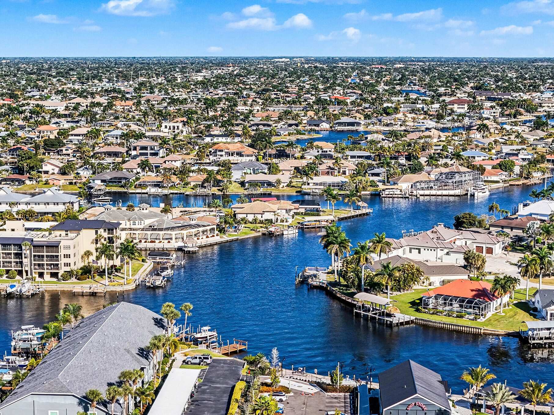 Aerial view of Cape Coral, Florida, showing its Gulf-access canal network