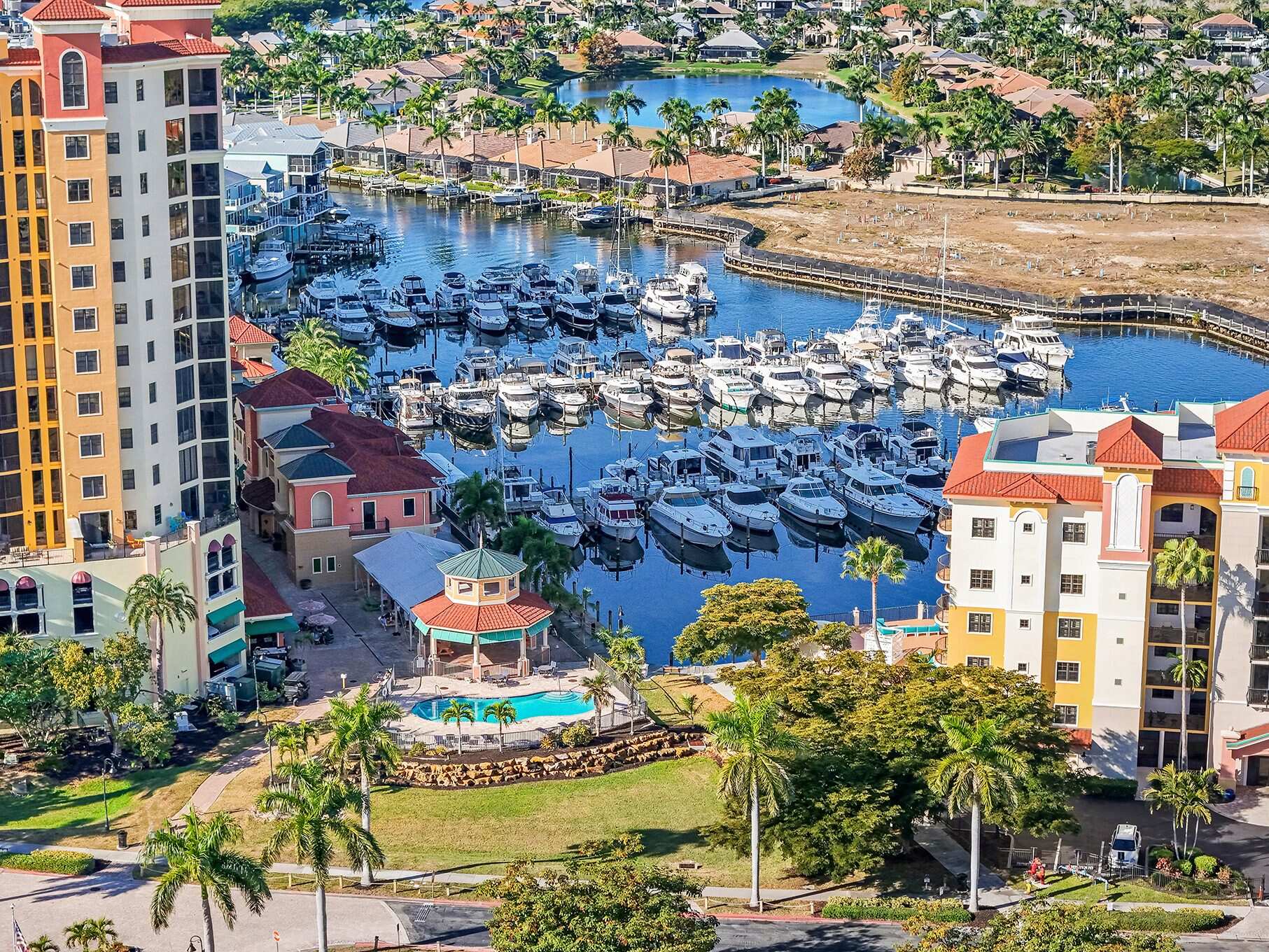 Aerial view of Cape Harbour, a Gulf-access canal community in Cape Coral, Florida