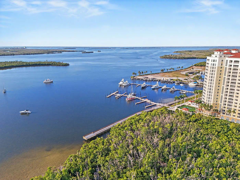 Aerial view of Tarpon Point Marina, a waterfront community in Cape Coral, Florida