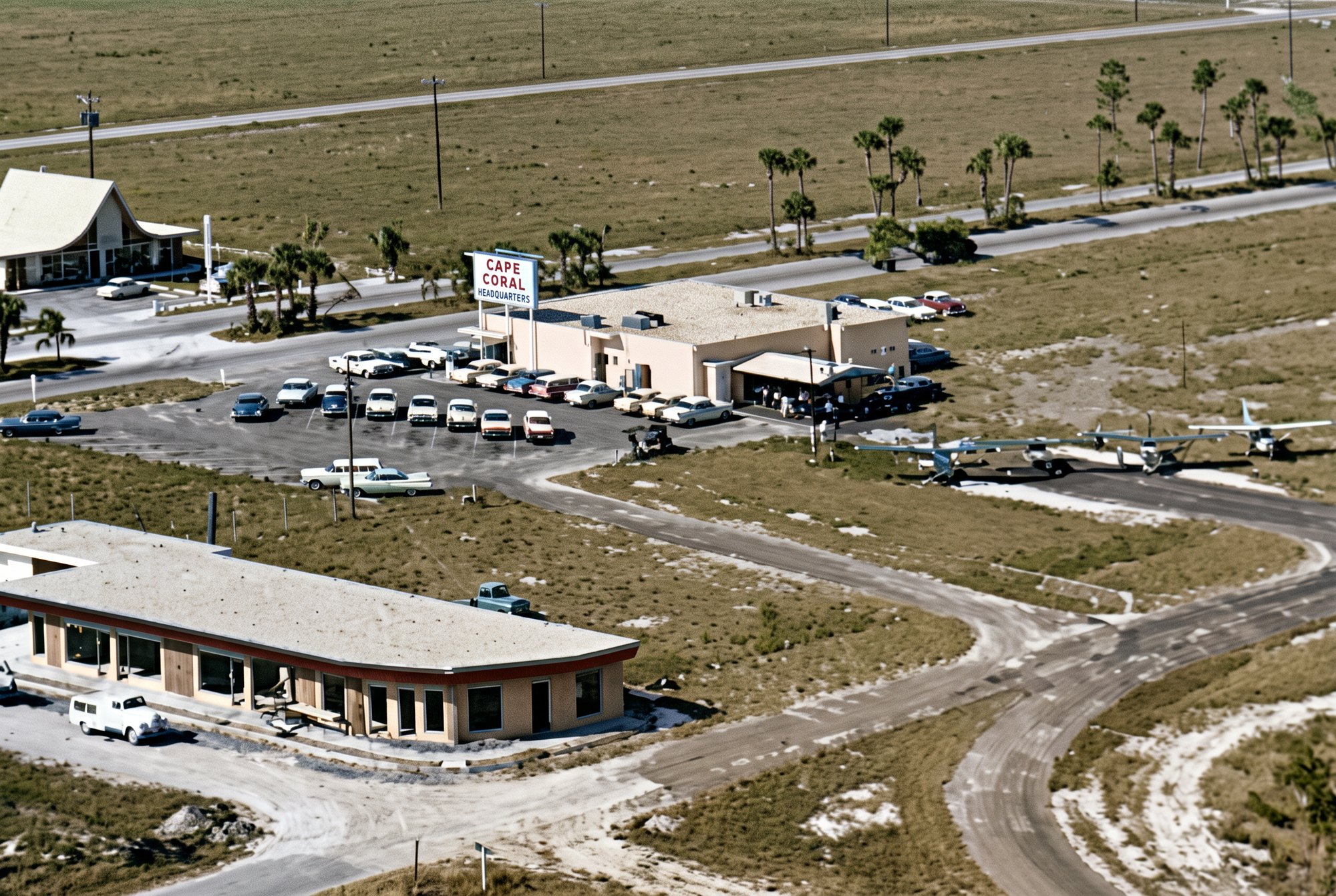Colorized early 1960s photo of the Cape Coral sales headquarters with Fly and Buy airplanes behind it