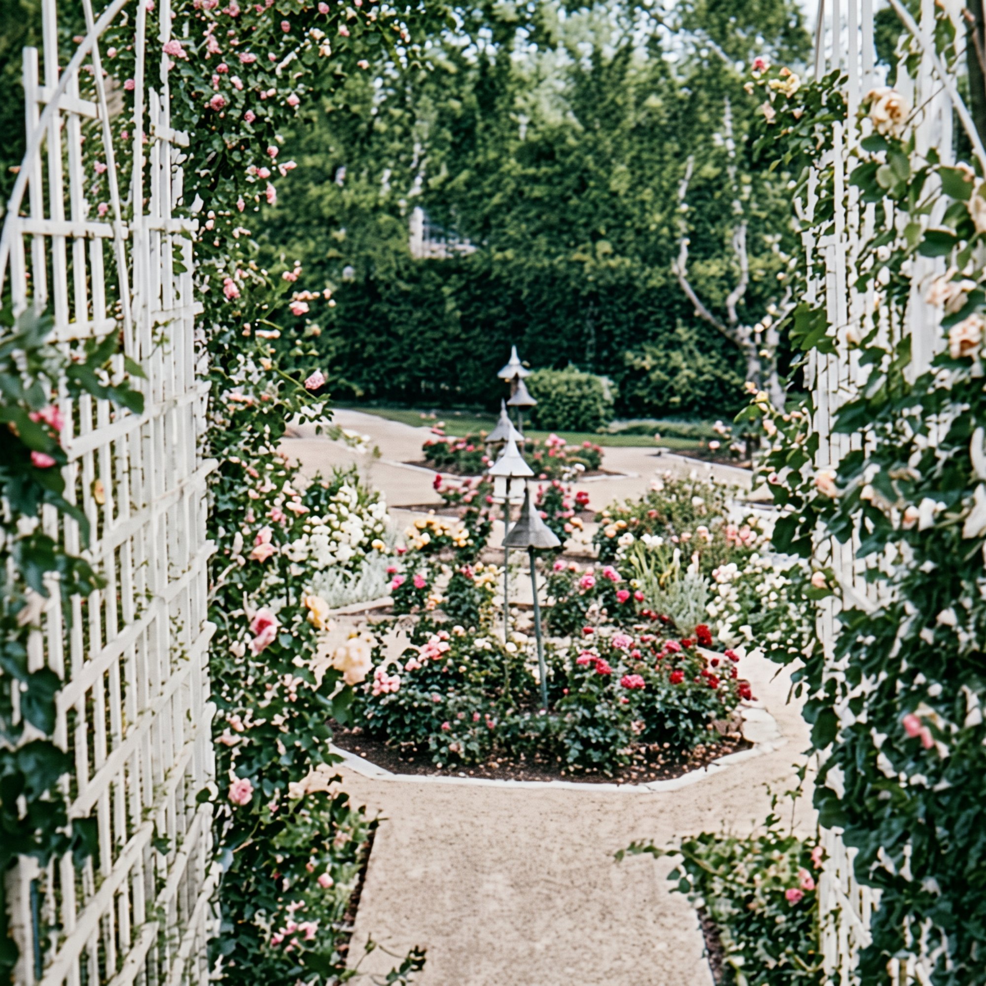 Colorized 1960s photo of a white trellis arch and roses at the Cape Coral rose gardens