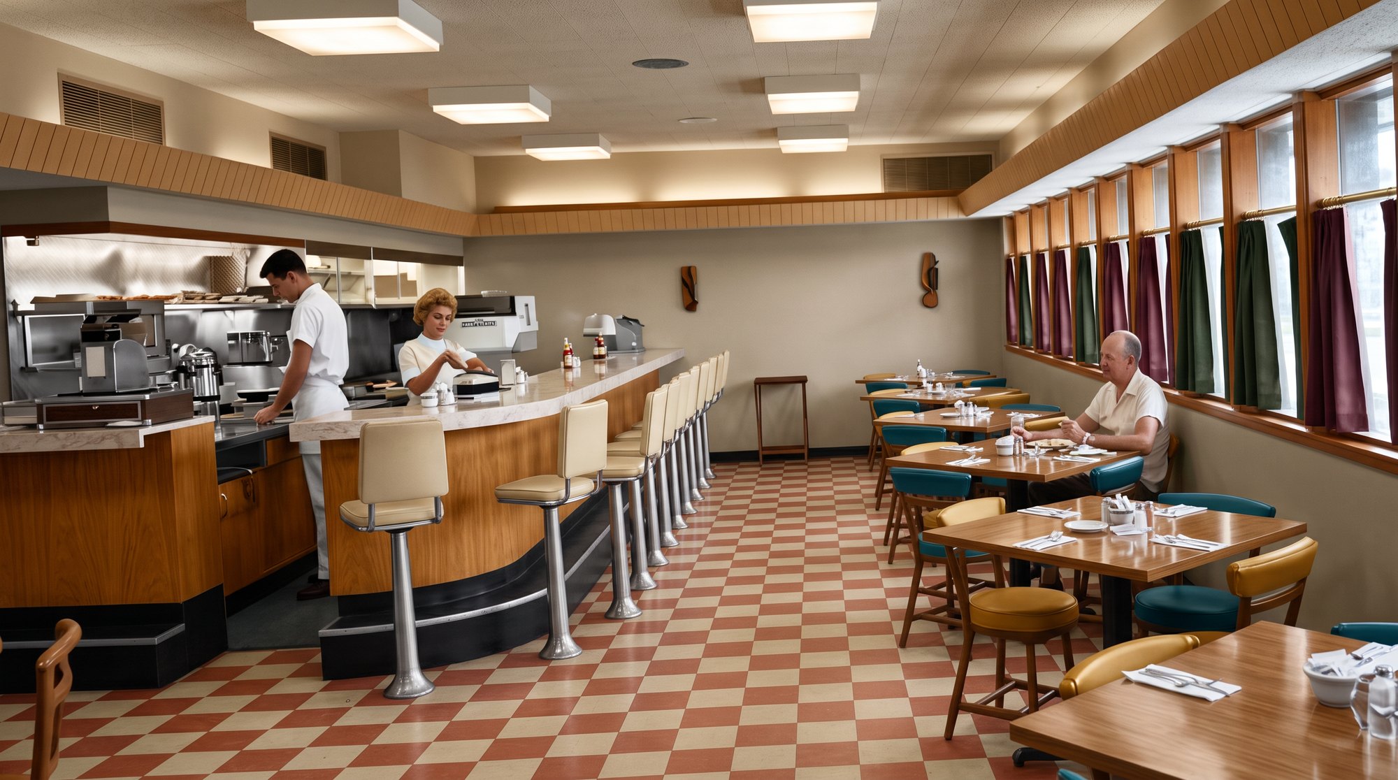 Colorized 1960s interior of the Surfside coffee shop in Cape Coral