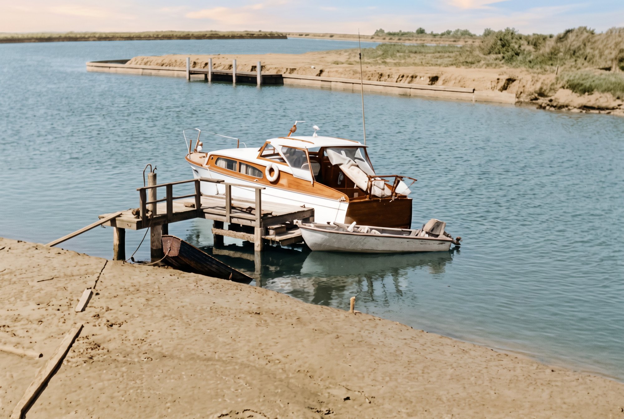 Colorized 1958 photo of a cabin cruiser at a dock on the Caloosahatchee River