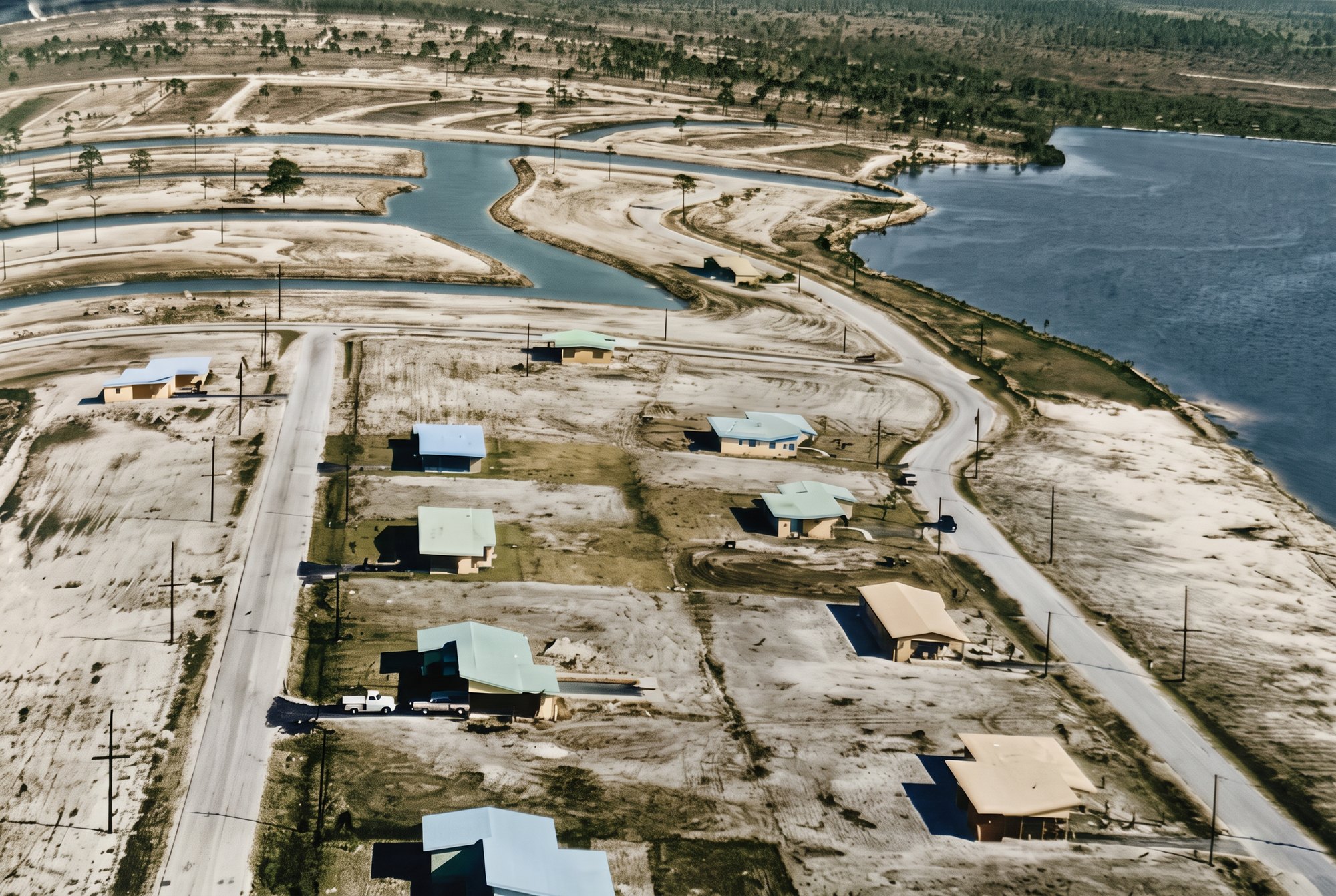 Colorized 1958 aerial of the first Cape Coral homes with power poles along the new roads